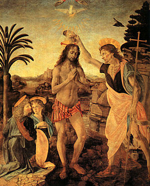ダヴィンチの師、ヴェロッキオの絵ですが、ダヴインチが左下の天使を描きました
